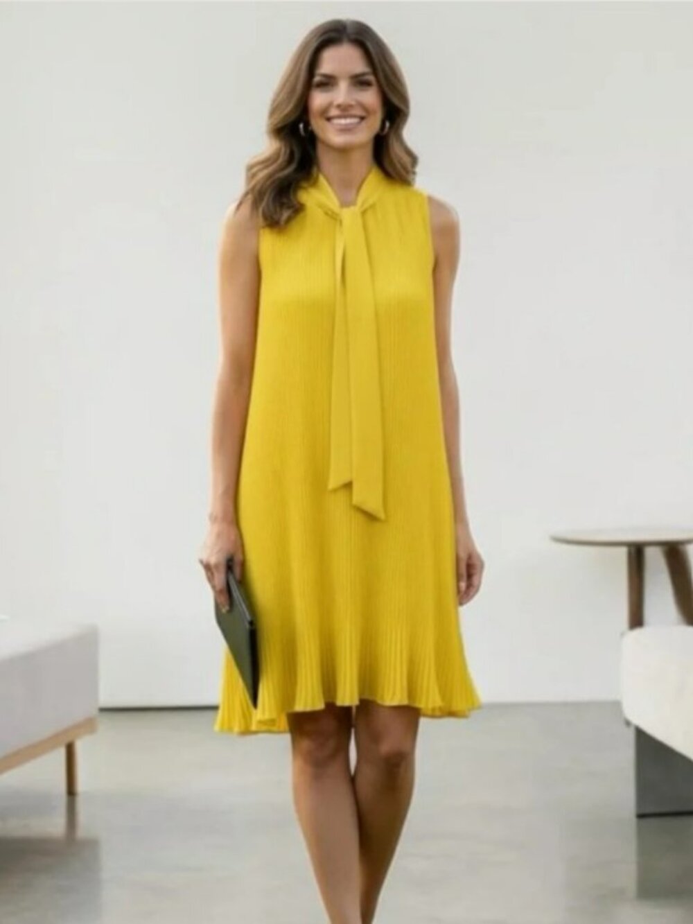 Sunburst Pleated Tie-Neck Trapeze dkny Dress New without tags